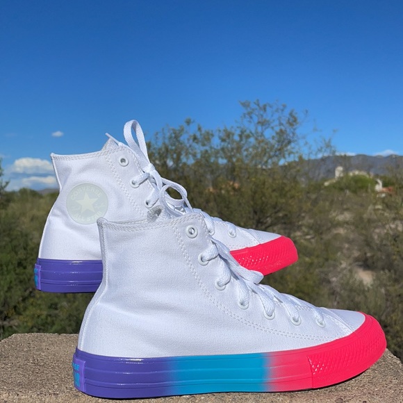 New White & Two-Tone Neon Pink & Turquoise Converse Hi Top Sneakers - Picture 2 of 13